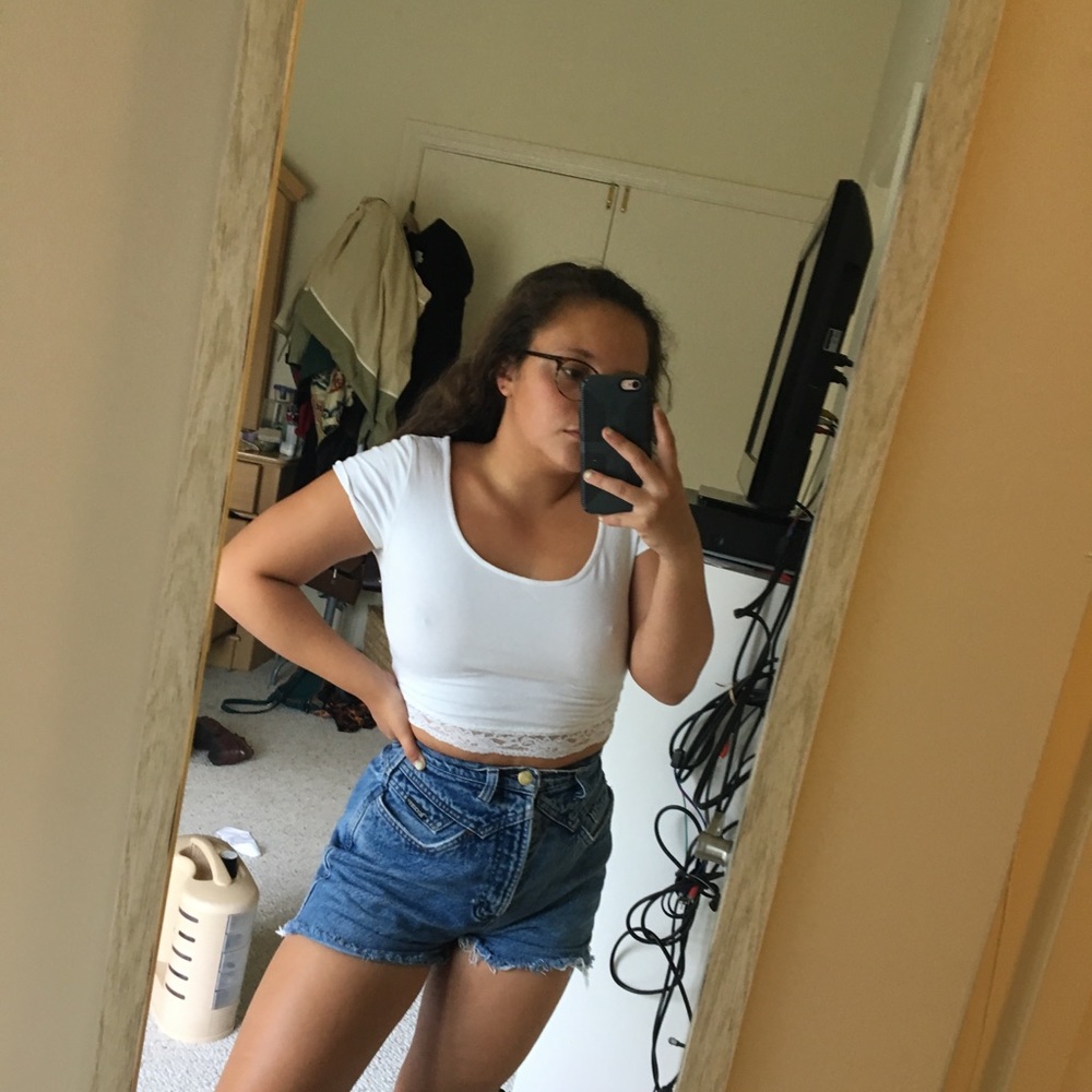 white crop top with lace hem